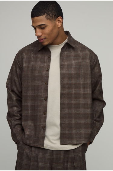 Boxy Fit Curve Hem Check Shirt - chocolate