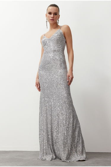 Gray Sequin Long Evening Evening Dress
