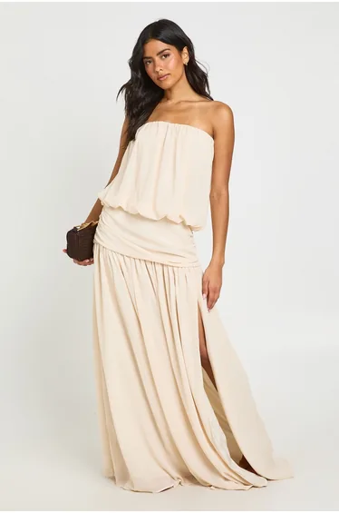 Chiffon Bandeau Blouson Ruched Drop Waist Maxi Dress - sand
