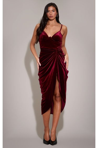 Burgundy Velvet Underwired Strappy Draped Midi Dress