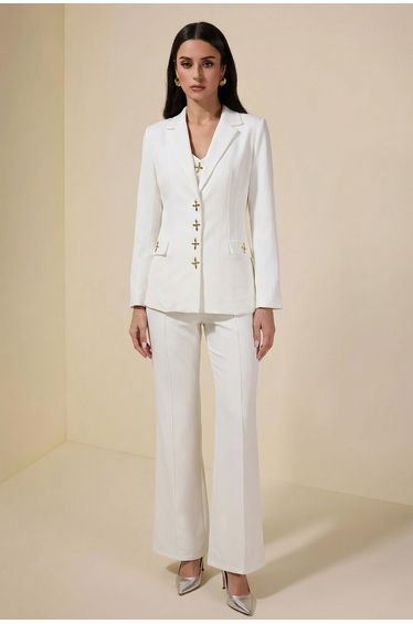 Metal Button Blazer Solid Waistcoat Mid Waist Pants Three Piece Set