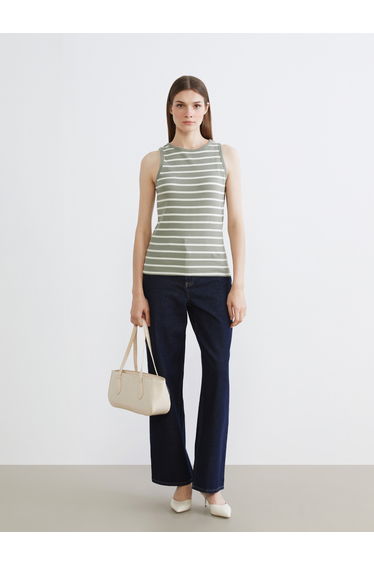 Striped women's tank top with a crew neck.