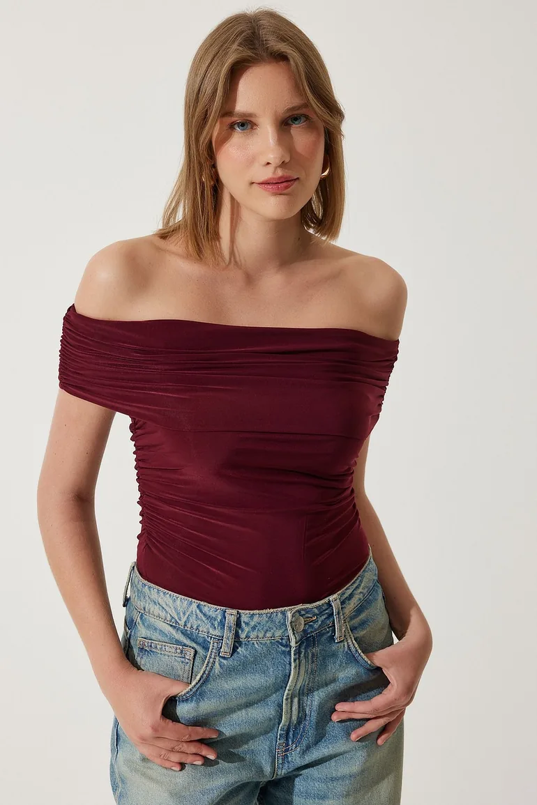 Women's Burgundy Gathered Open Shoulder Sandy top - 1