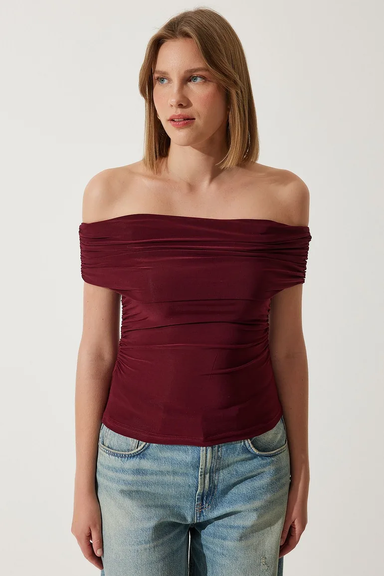 Women's Burgundy Gathered Open Shoulder Sandy top - 3