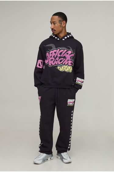 Oversized Boxy Fun Moto Graphic Puff Print Hooded Tracksuit - black