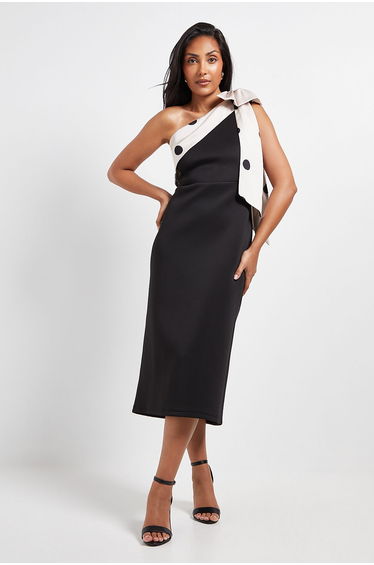 Petite Occasion Scuba Corsage One Shoulder Midi Dress