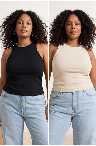Black-Stone Cotton Pack Halter Neck Fitted/Fitted Knitted Undershirts Stretchy 2-Piece Pack
