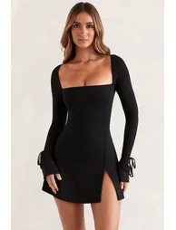 Square Neck Long Sleeve Mini Dress in Black - 5