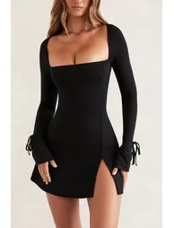 Square Neck Long Sleeve Mini Dress in Black - 3