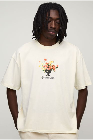 Ecru Oversized Boxy Floral Micro Print T-Shirt - ecru