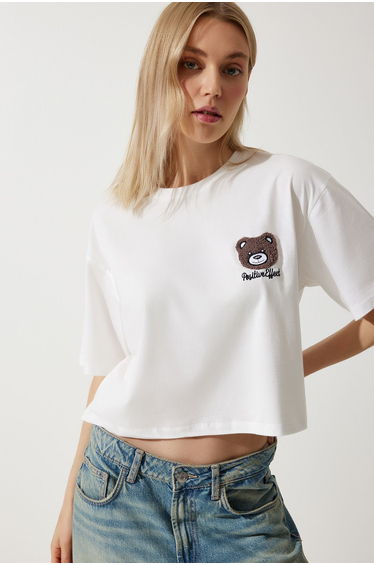 Women's Ecru Teddy Bear Embroidered Crop Knitted T-Shirt