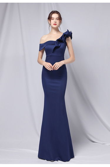 Ruffle One-Shoulder Mermaid Satin Gown in Navy