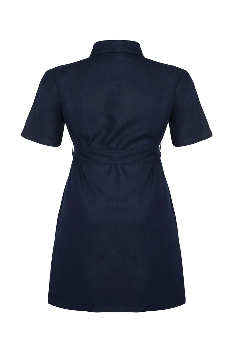 Dark Blue Belt Detailed Mini Denim Shirt Dress - 7