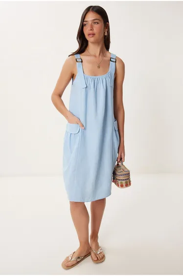 Women's Sky Blue Linen Blend Lightweight Sheer Beach Dress