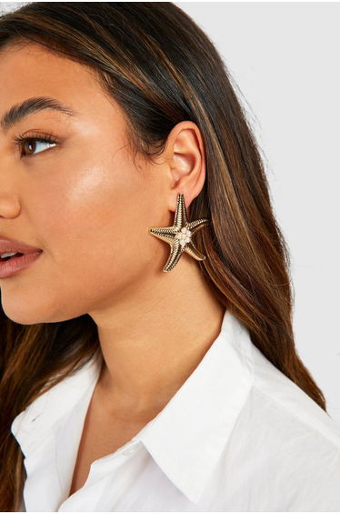 Statement Pearl Detail Starfish Earrings - gold