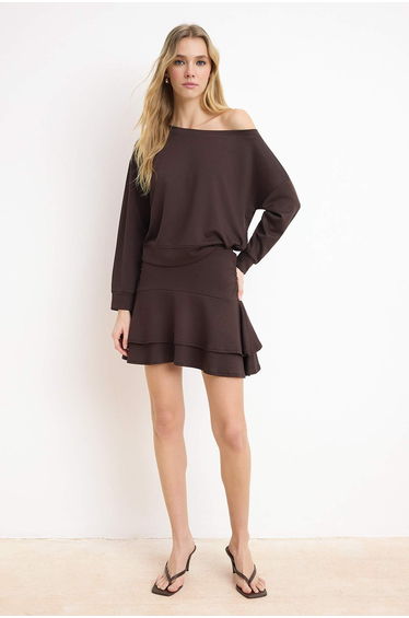 Brown Oversized Flounces/Ruffles Short / Mini Interlock Knitted Top and Bottom Set