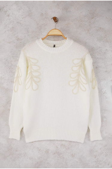 Ecru Glittery Embroidery Detailed Soft Feeling Knitwear Sweater