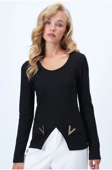 Women's Black U-Neck Pocket Flap Accessory Detailed Ottoban Blouse