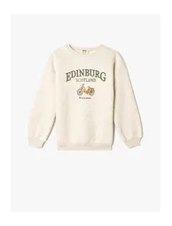 سويتشيرت بأكمام طويلة بياقة دائرية بطبعة - أبيض 