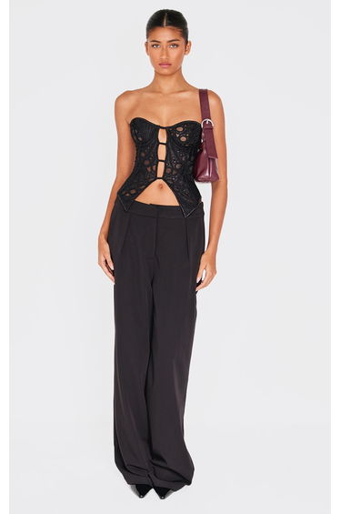 Black Textured Sheer Floral Split Hem Corset