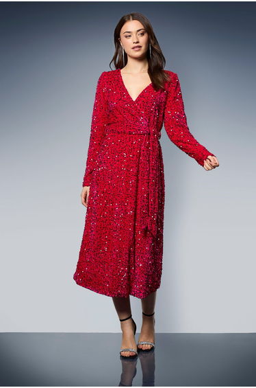 Velvet Sequin Wrap Midi Dress