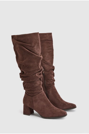 Carla Faux Suede Ruche Medium Block Heel Knee Boots