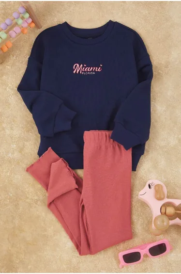 Navy Blue Girl's Cotton Printed Oversize Knitted Bottom - Top Set