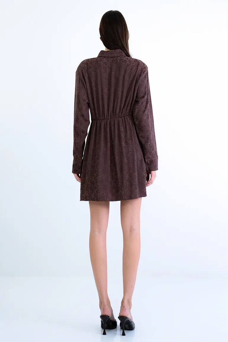 Women's Brown Self-Patterned Wide Cut Satin Mini Shirt Dress - 6