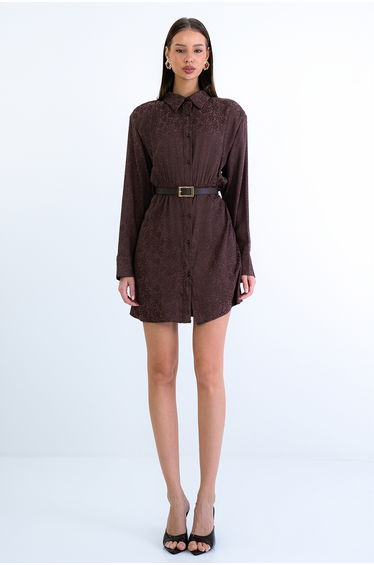 Women's Brown Self-Patterned Wide Cut Satin Mini Shirt Dress
