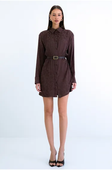 Women's Brown Self-Patterned Wide Cut Satin Mini Shirt Dress