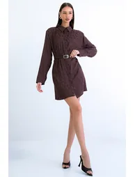 Women's Brown Self-Patterned Wide Cut Satin Mini Shirt Dress - 2