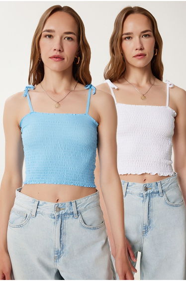 Women's Sky Blue White 2 Pack Strap Stretch Crop Knitted Blouse
