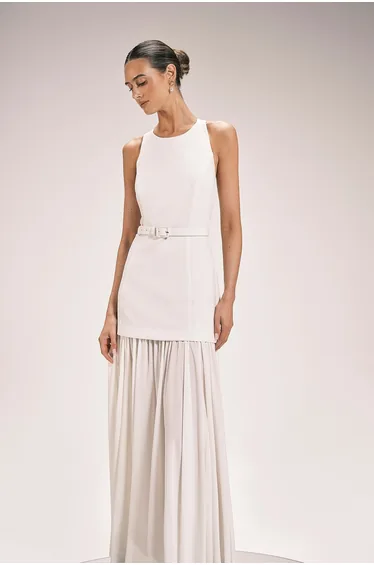Pleated Skirt Detail Belted Maxi Dress