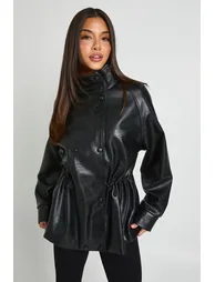 Faux Leather Longline Button Detail High neck Jacket - black