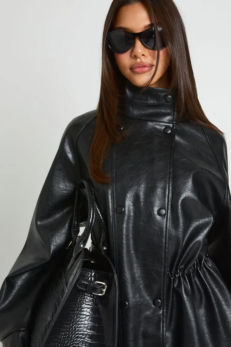Faux Leather Longline Button Detail High neck Jacket - black - 3