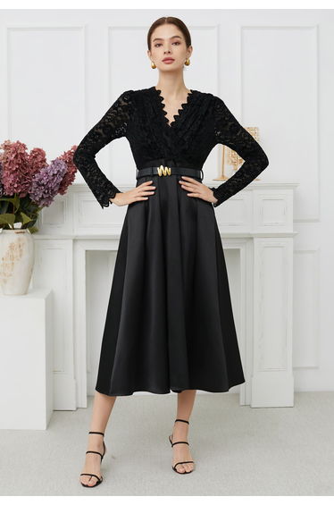 Velvet Floral Lace Spliced Belted Sheen Midi Dress in Black