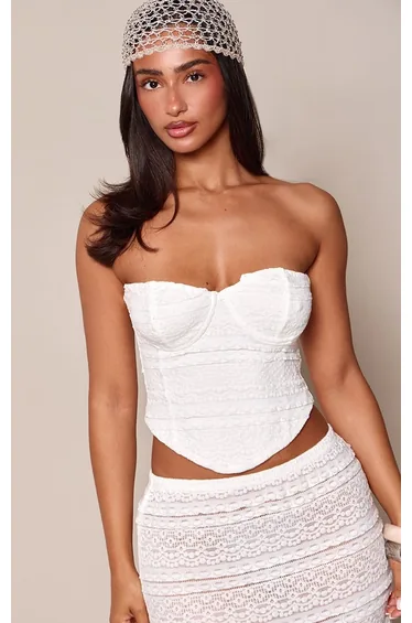Petite White Frill Textured Cup Detail Bandeau Corset Top Co-ord