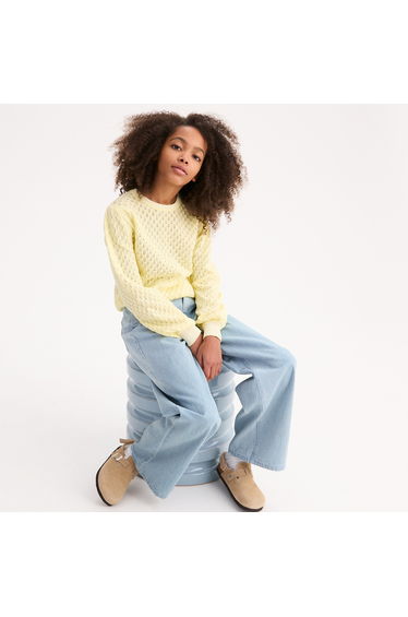 Striped Crew Neck Jumper/Sweater in Openwork Knit