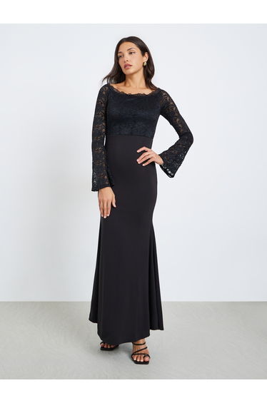 Women Black Lace Off Shoulder Maxi Dress
