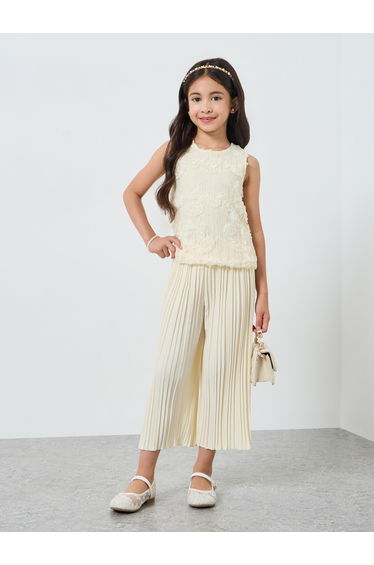 Girls Off-White Embellished Top and Pleated Trousers Set