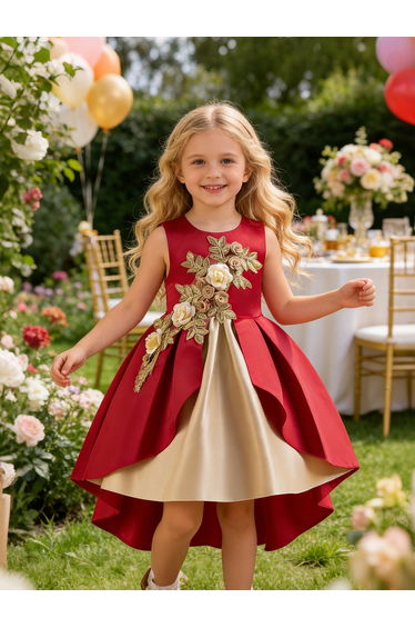 Girls Burgundy Embellished Sleeveless Pleated Dress