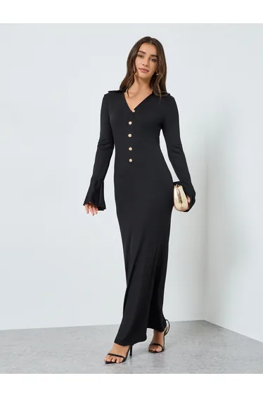 Women Black Textured Bodycon Maxi Dress