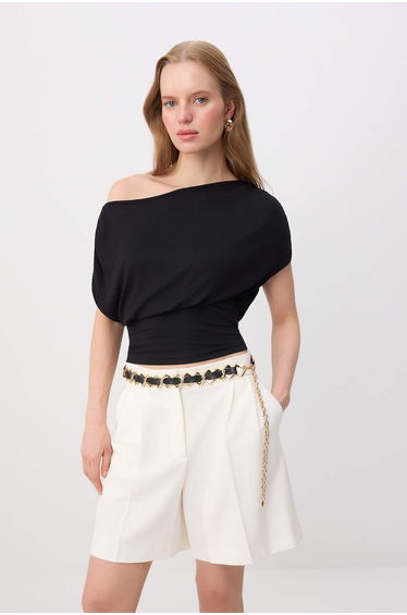 Black Fitted Asymmetrical Collar Short Sleeve Soft Knitted Blouse
