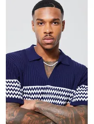 V Neck Striped Knitted Polo - navy - 1