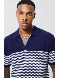 V Neck Striped Knitted Polo - navy - 2