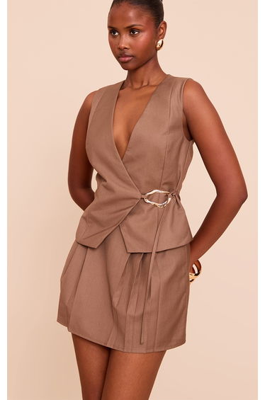 Mocha Woven Trim Tie Waist Coat