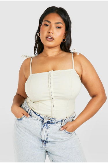 Plus Hook And Eye Tie Shoulder Corset Top - pebble