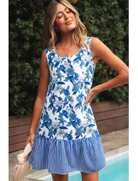 Lvness Blue Floral Print U Neck Sleeveless Striped Ruffle Hem Patchwork Dress