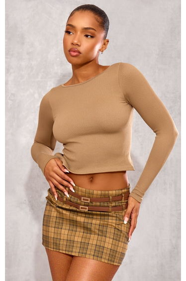 Coffee Contour Rib Back Detail Long Sleeve Top