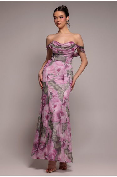 Cowl Neck Floral Print Jacquard Chiffon Maxi Dress - Blush Pink by Goddiva